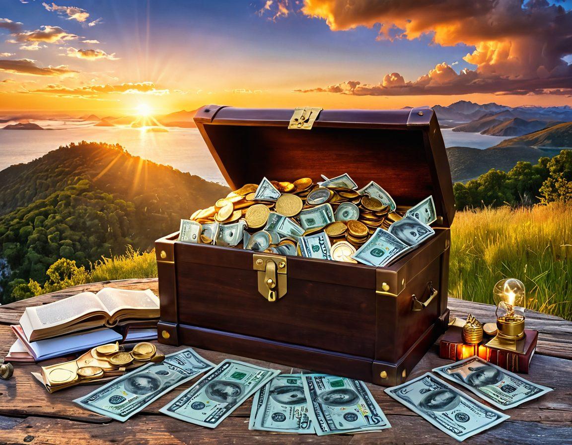 A visually striking open treasure chest overflowing with gold coins and dollar bills, surrounded by open books filled with financial graphs, calculators, and a glowing lightbulb symbolizing knowledge. In the background, a serene landscape representing contentment with a sunset sky. The scene conveys wealth building through education and financial literacy. super-realistic. vibrant colors. 3D.