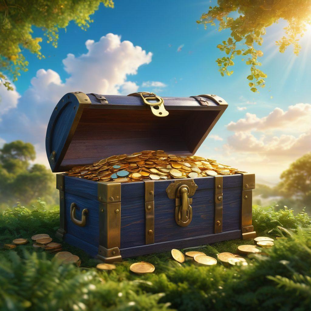 A radiant golden key unlocking a treasure chest overflowing with glowing coins, surrounded by lush greenery symbolizing growth and freedom. In the background, a clear blue sky with fluffy clouds conveys a sense of optimism and possibility. Add subtle hints of colorful confetti to represent joy and celebration. vibrant colors. super-realistic.
