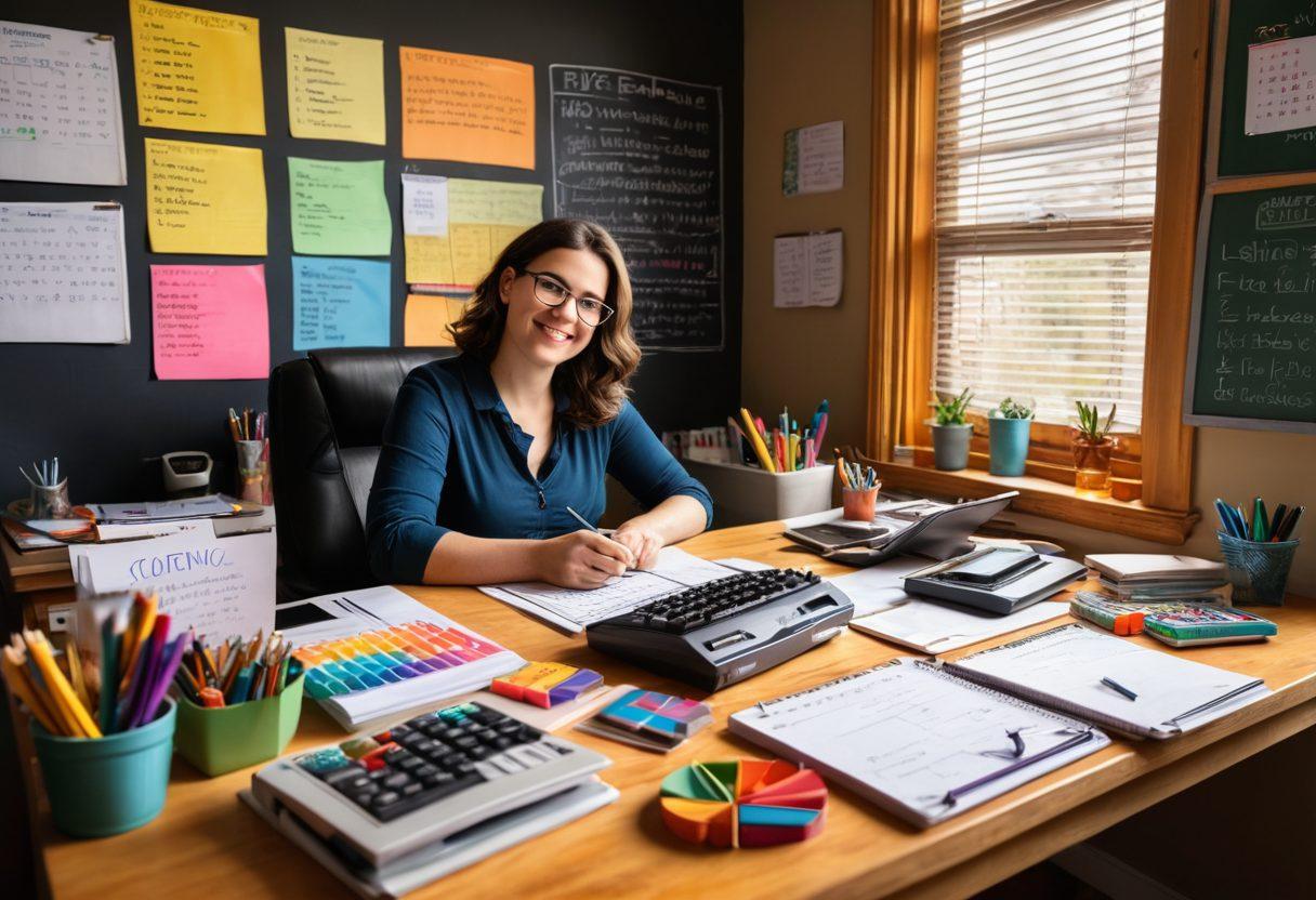 A confident person sitting at a modern desk cluttered with colorful budgeting tools like calculators, graphs, and notebooks, with a warm light shining through a nearby window. A chalkboard in the background displays inspiring quotes about financial independence and happiness, creating an uplifting atmosphere. Emphasize a harmonious blend of productivity and creativity. vibrant colors. super-realistic.